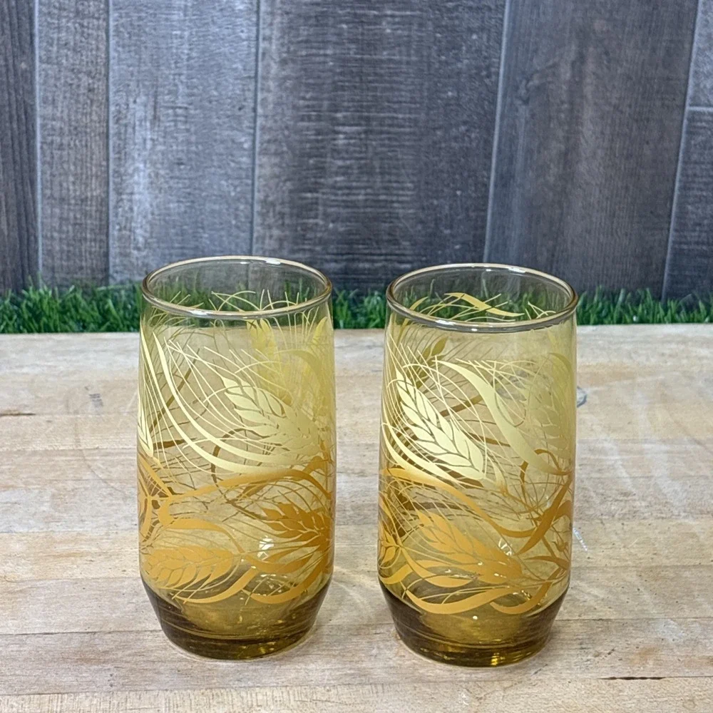 Vintage Anchor Hocking Wheat Amber Drinking Glasses Set of 2 Tumblers 70s